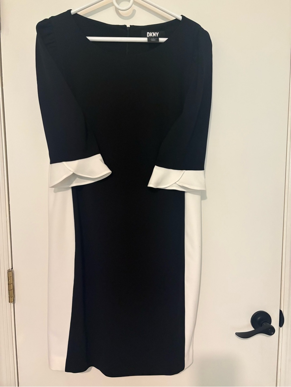 DKNY Black and White Midi Sheath Dress with Tulip Sleeve Cuffs